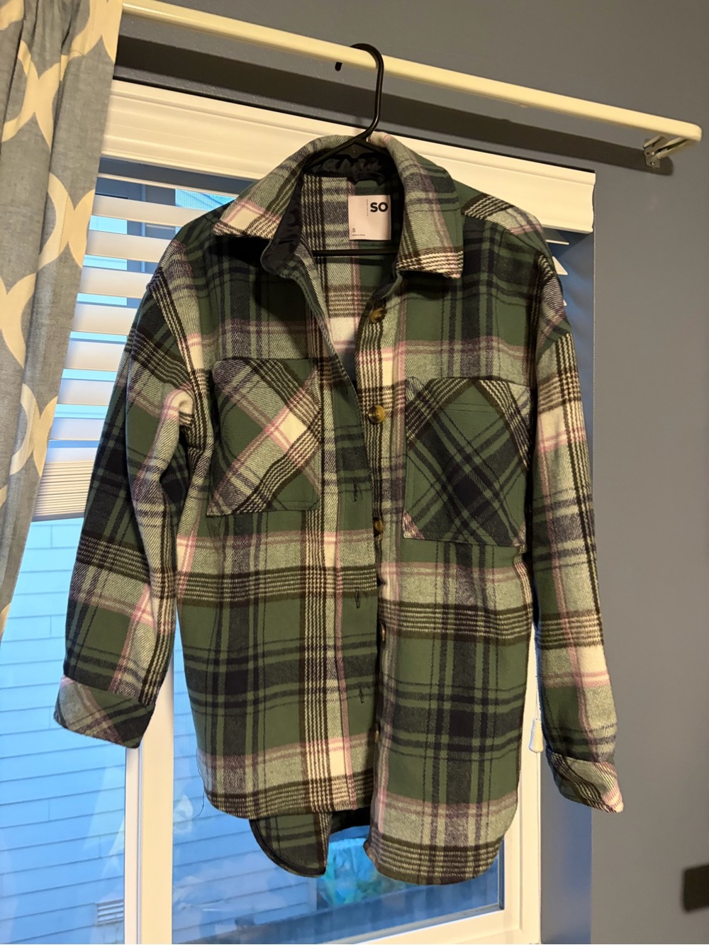 SO Green Plaid Shacket with Pink and Black Accents